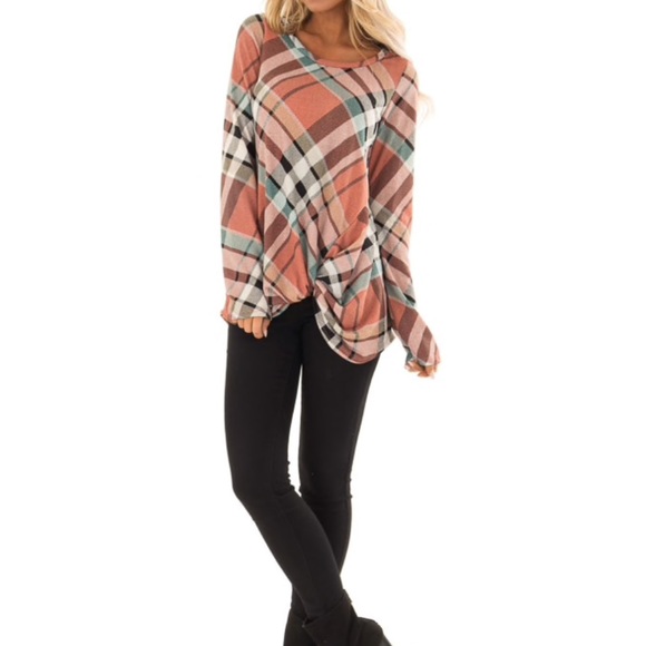 ✅Peach & Aqua Plaid Long Sleeve Top w/ Twist - Picture 6 of 6